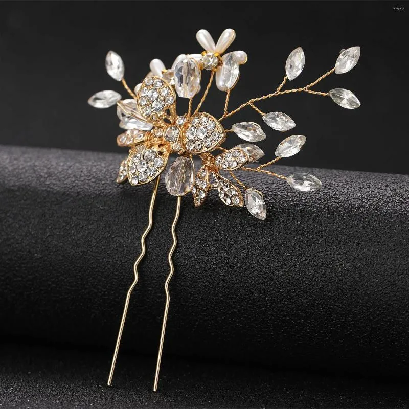 Hair Clips U Shaped Sticks Gold Color Alloy Pearls Flower Leaf Rhinestone Hairpins Side For Women Girls Jewelry Accessories