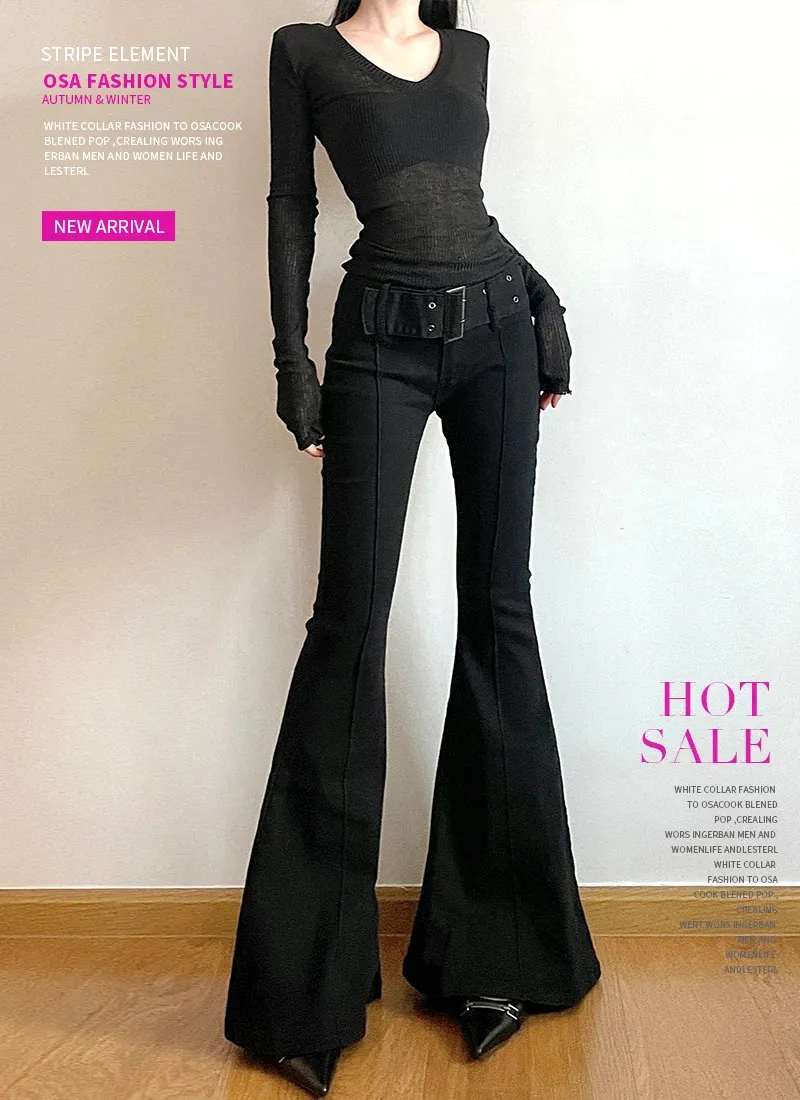 Womens Black Flare Pants Y2k Retro Emo 2000s Streetwear Harajuku