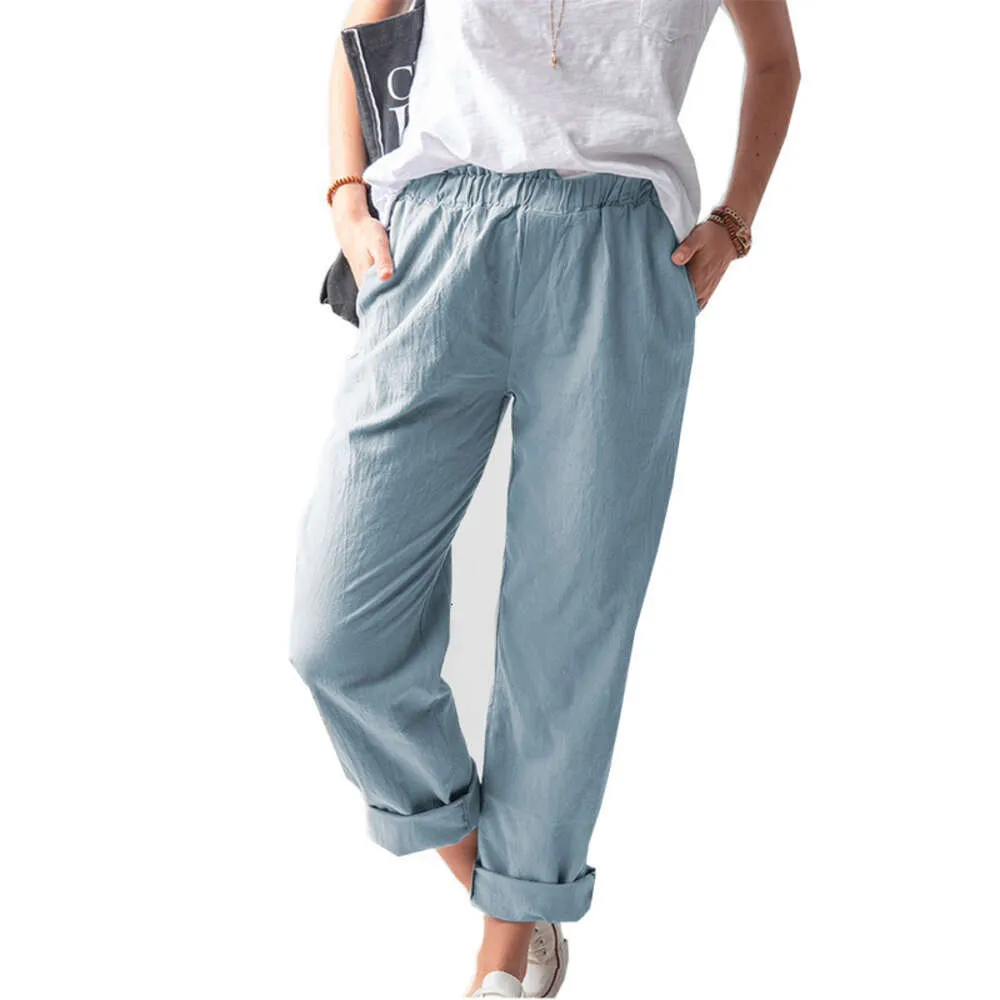 New Women's 2024 Cotton And Hemp Solid Color Casual Elastic High Waist Straight Leg Pants For Women