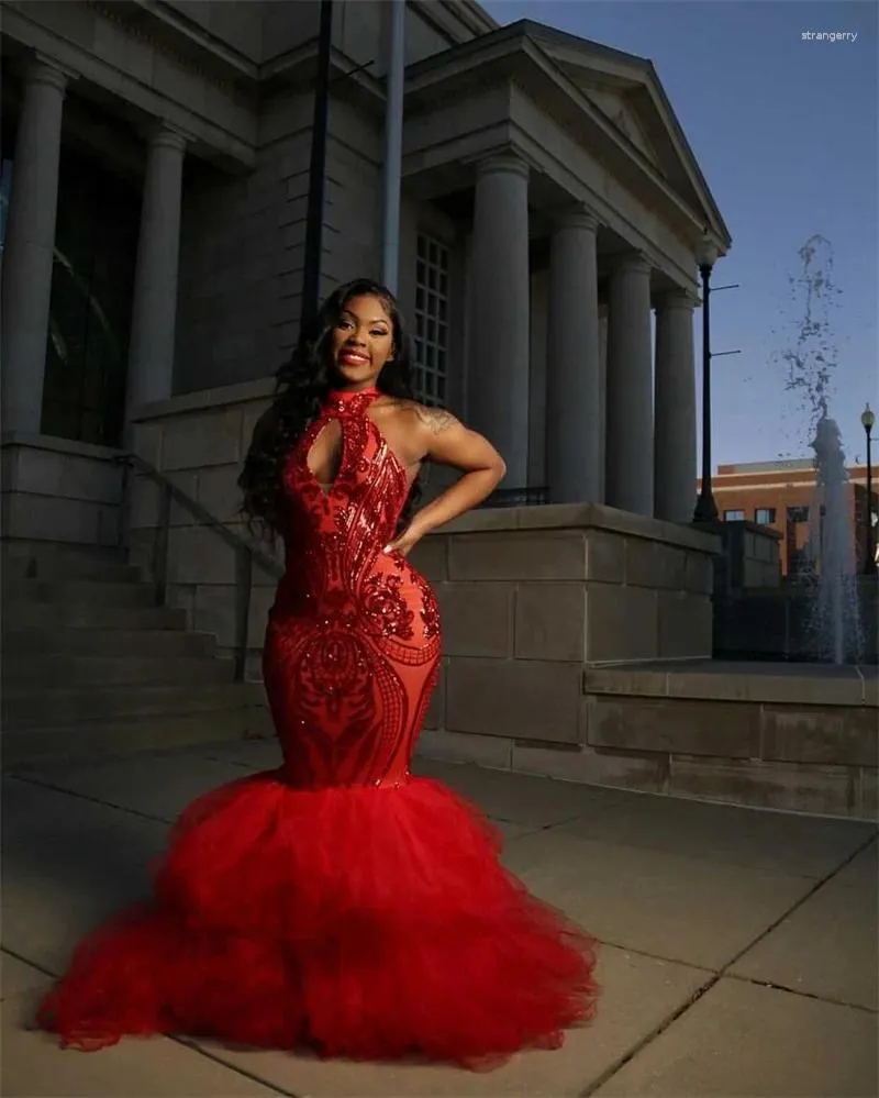 Runway Dresses Gorgeous Red Mermaid Prom Ruffles Sequins Evening Dress Custom Made Sleeveless Floor Length Party Gown