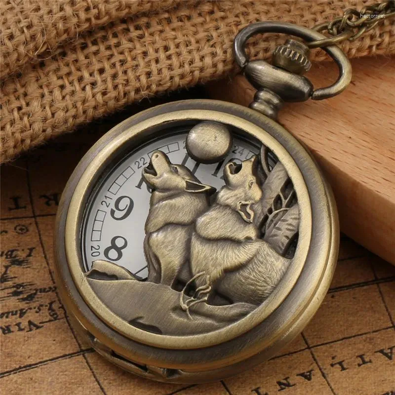 Pocket Watches Bronze Double Wolf Moon Design Analog Quartz Watch Halsbandkedja Retro Pendantklocka för män Kvinnor Tidspova gåva