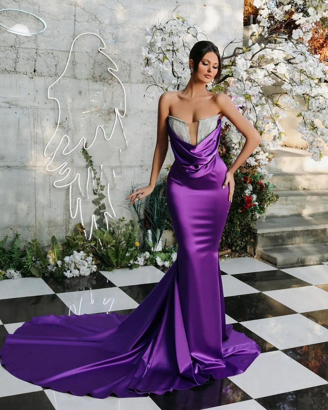 Elegant Purple Plus Size Mermaid Evening Dresses Long for Women Strapless Sequined Satin Court Train Pageant Birthday Party Gowns Prom Dress Formal Wear