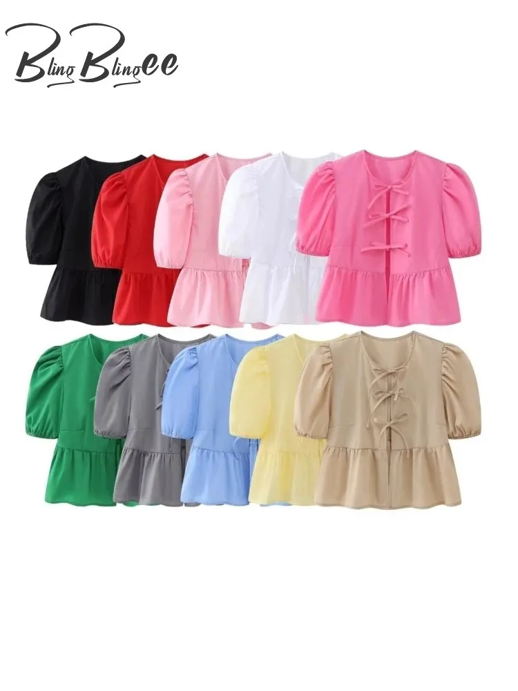 Blingbleee arco amarrado mulheres blusas casuais Traf Summer Puff Sleeve Slim Short Short A-Line Feminino Top Sweet Y2K 240407