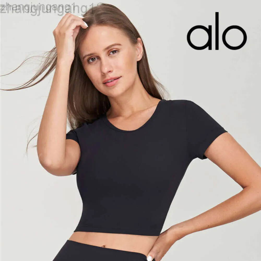 desginer alooo yoga aloe top shirt top leade امرأة قصيرة امرأة عارية أعلى نساء الصيف جديد جولة رقبة قصيرة الأكمام مرنة مرنة مرنة الضيقة