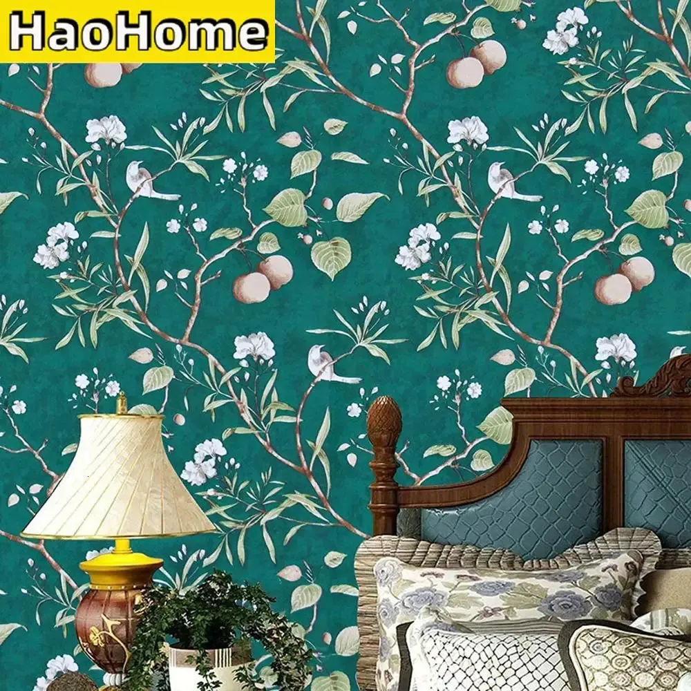 Haohome Peach Tree Peel och Stick Wallpaper Green Modern Flower Bird Watertproof Demongable Self Lime 240415