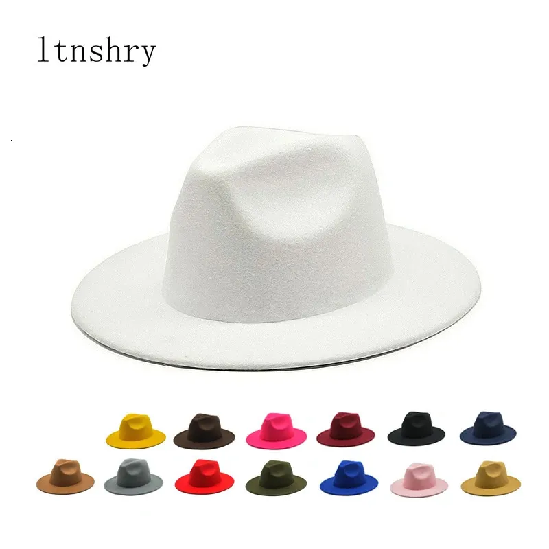 Autumn Winter Womens Felt Hat Fedoras Big Brim Hats for Women Style British Vintage Church Hats Lady Flat Brim White Jazz Cap 240419