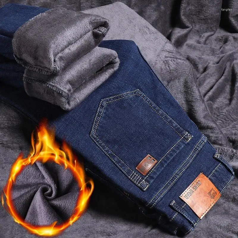 Jeans maschi inverno affari casual peluche addensato pantaloni di jeans caldi dritti uomini