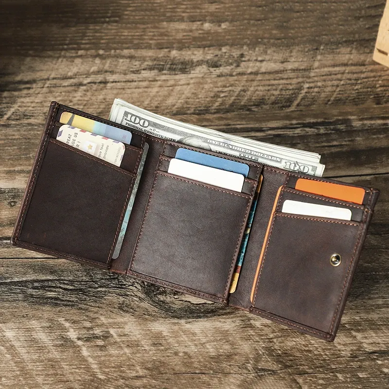 Plånböcker Kontaktens äkta läder Men plånbok RFID ID Kreditkortshållare Vintage Small Trifold Wallet Dragkedja Mynt Högkvalitativ man handväska