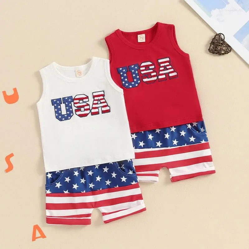Clothing Sets Independence Day Baby Boy Clothes Set Fuzzy Letter Embroidered Tank Tops And Stripe Stars Print Shorts 2PCS Infant Outfits
