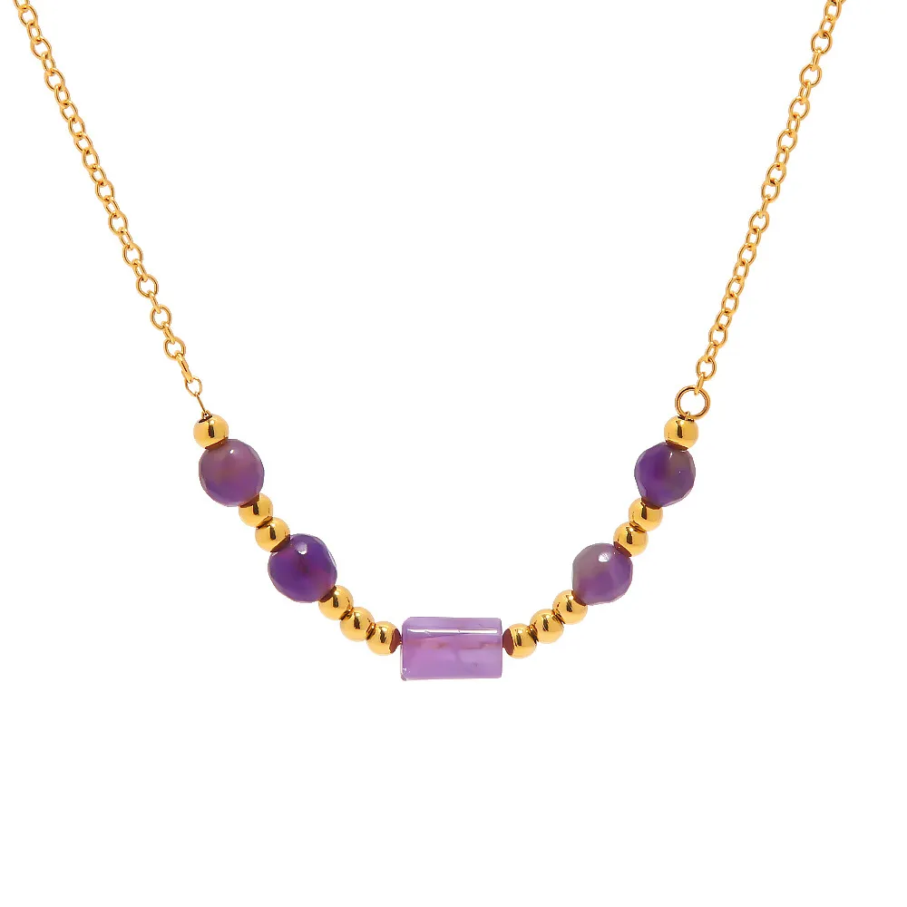 Designer Gold Minimalist Style Chain Necklace for Women Stainless Steel Plated 18k Gold Purple Stone Trend Daily Travel Party Jewelry