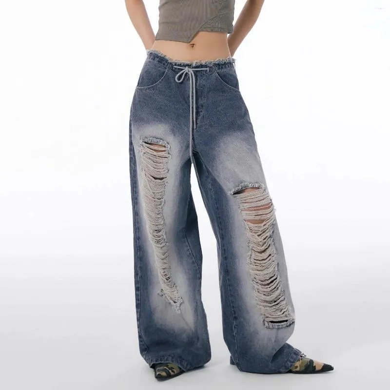 Damesjeans Street Bandage gescheurde vrouwen baggy Amerikaanse stijl Frayed Holes Burr Edge Design wide been vernietigd 90s retro broek broek broek