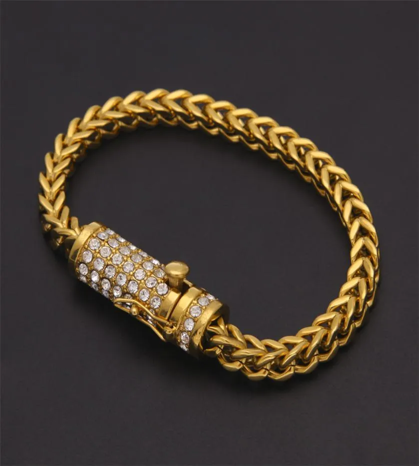 BASS CLASP FOX FRANCO LINK Bracciale 20 cm ghiacciato Rhinestone Gold Gold Piecite d'argento Mens Hip Hop Bracciale Bling Bling Jewelry6171443