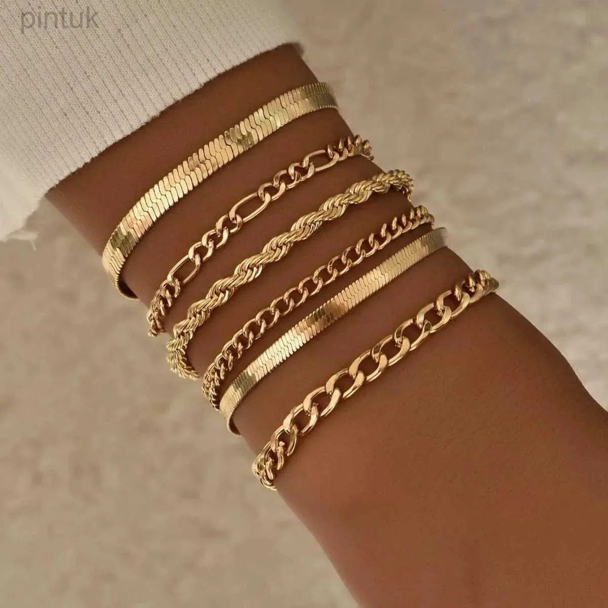 Chain 6Pcs/Set Fashion Thick Chain Link Bracelets Set For Women Gold Color Silver Color Metal Snake Chain Twist Bracelet Punk Jewelry d240419