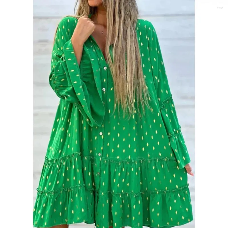 Vestidos informales Boho Dot estampado Camisa suelta Vestido Mujeres 2024 Fashion de primavera Poschwork V-Eck Flare Manga A-Line Beach Fiest