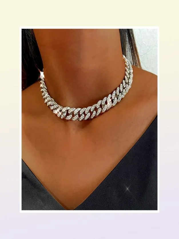 Bynouck Miami Cuban Link Chain Gold Silver Color Choker Kobieta mrożona Bling Rhinestone Naszyjnik Hiphop Jewelry221Z6590789