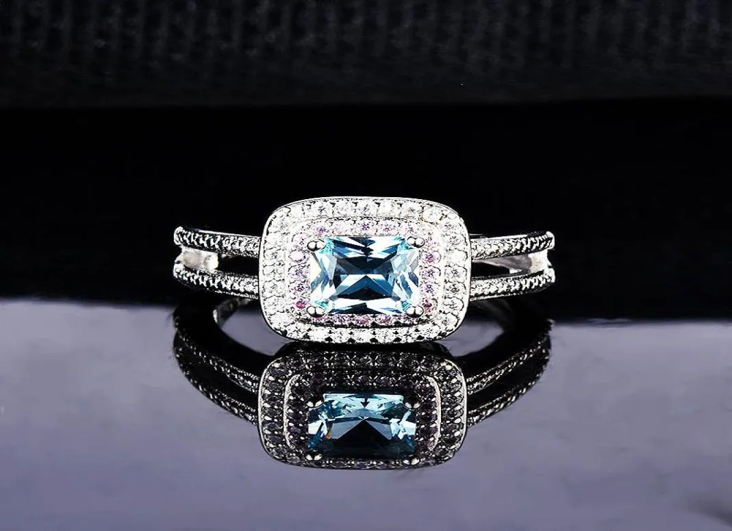 Nieuwe luxe diamant Topaz Sea Blue Zirkon Ring Betrokkenheid Wedding Opening Ring6948124
