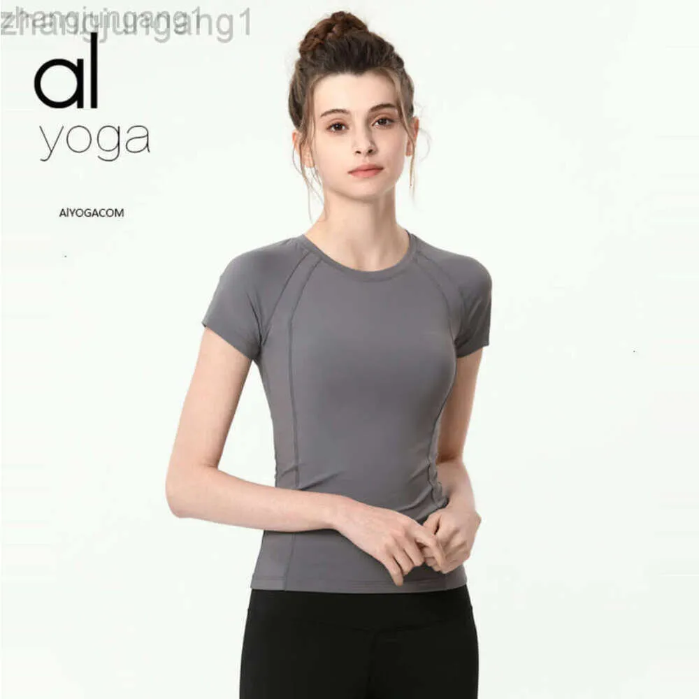 Desginer alooo yoga topp skjorta kläd kort kvinna alosuit kvinnor kort ärm topp rund nacke sexig fitness kostym sport t-shirt ny smal passform