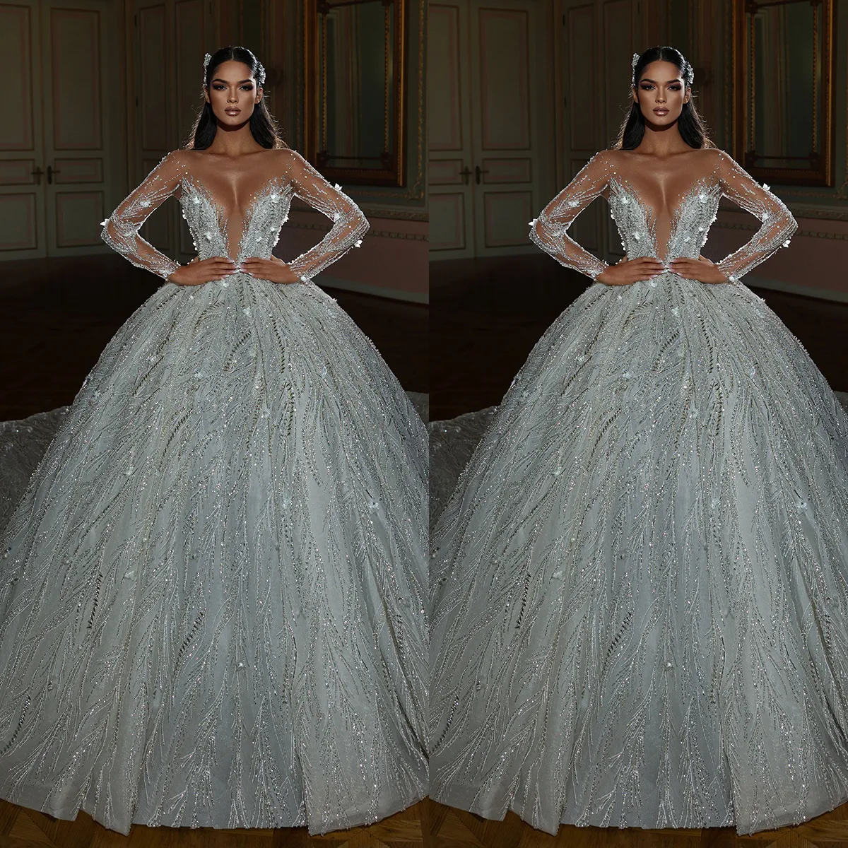 Luxury Wedding Dress Elegant Ball Gown V Neck Princess Plus Size Bridal Gowns Vestido De Noiva