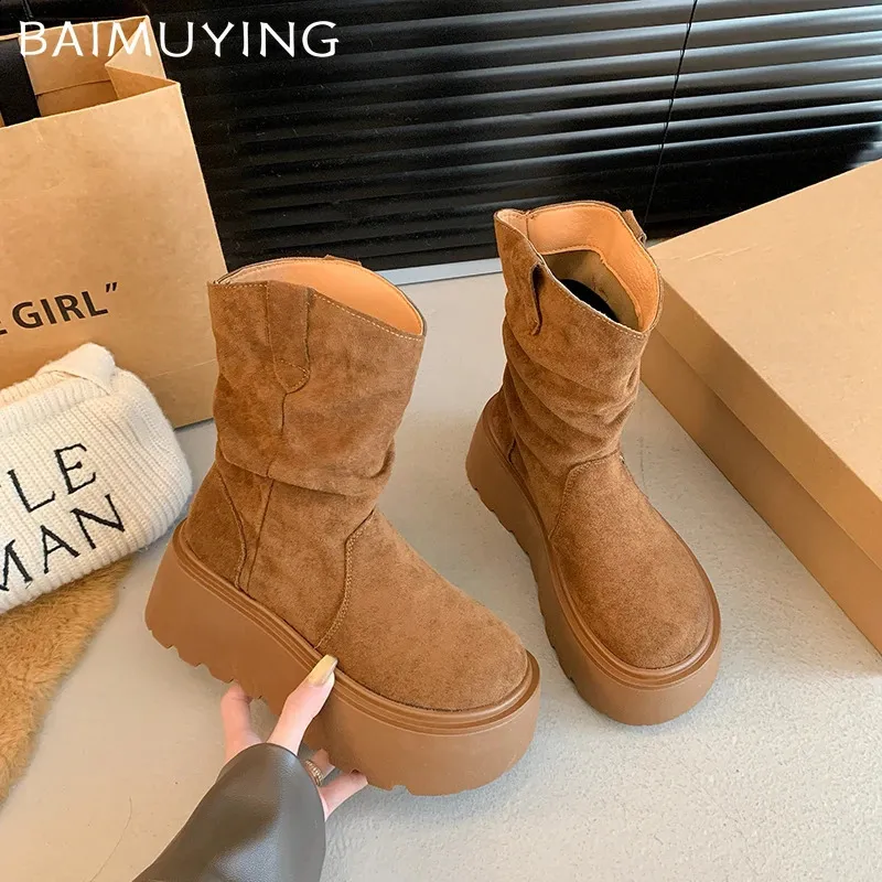 Suede Platform Women Ankle Boots Er Mid Heels Shoes Trend Walking Non Slip Winter Botas De Mujer 241118_voghion.com