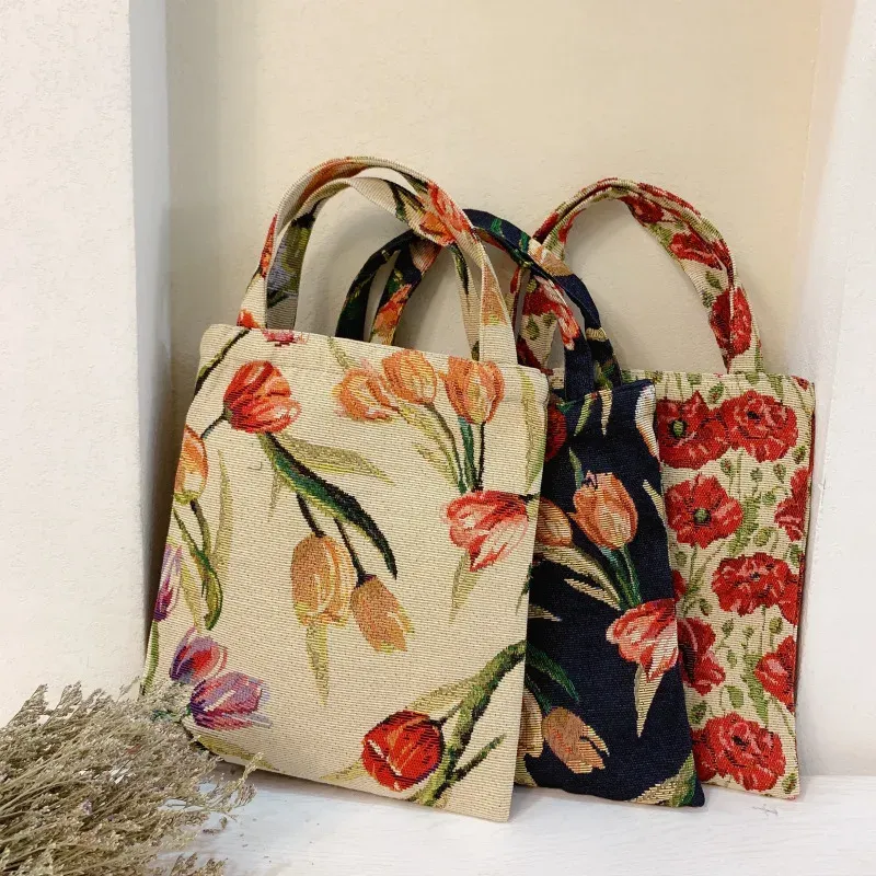 Bracciali alla moda di pittura ad olio retrò colore abbinata tulipano jacquard trasportare la borsa da pranzo per lavorare con la spalla da donna per mano di stoffa