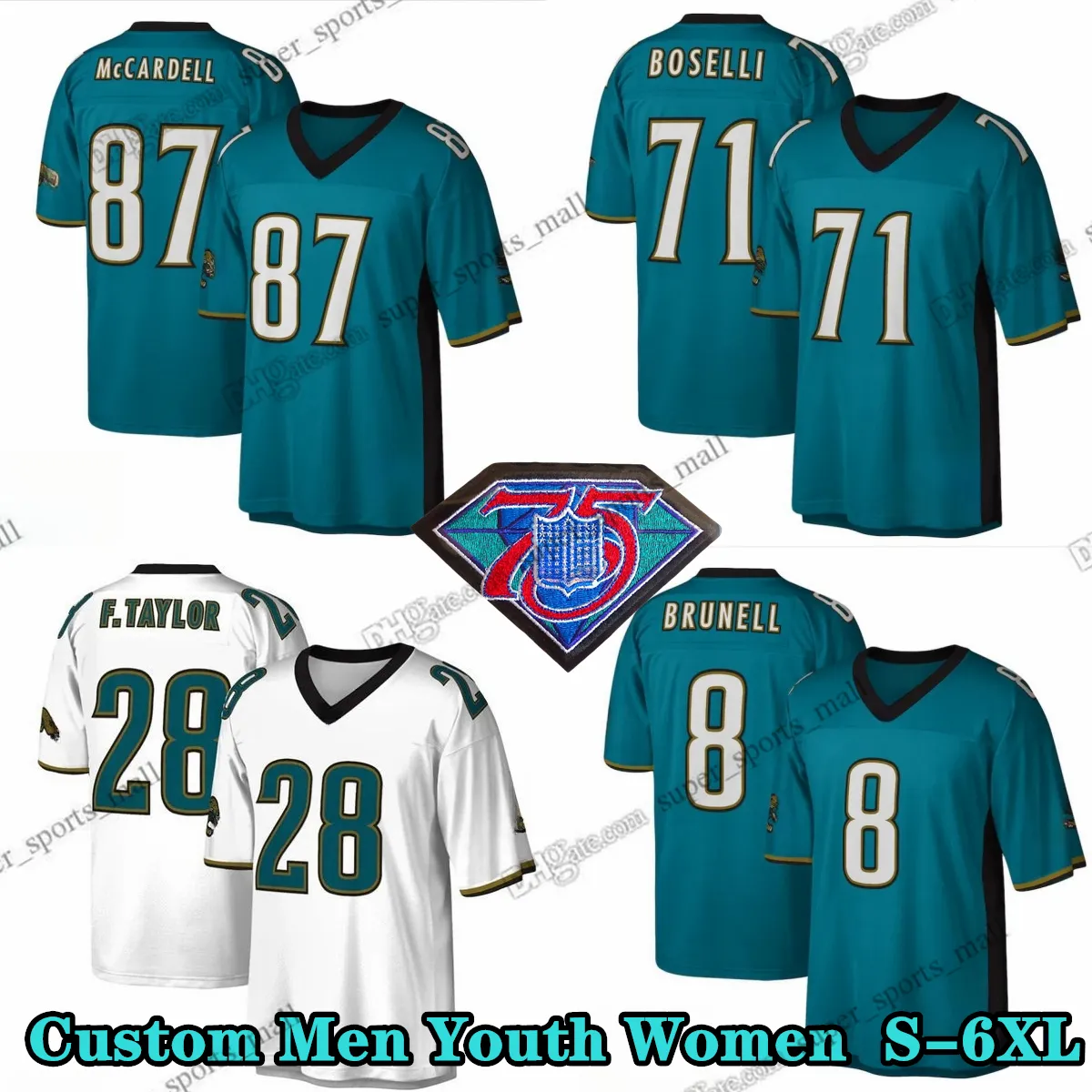 Custom S-6xl 75th Retrocupado 28 Fred Taylor Futebol Jerseys 71 Tony Boselli 1997 Keenan 87 McCardell 32 Maurice Jones-Drew 8 Mark Brunell Stitched Jersey