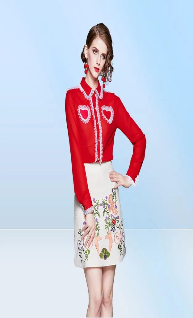 Yeni 2019 Pist Western Style Moda Dalgalı Kalp Şekillendirme Tasarım Blouses Ladies Casual Ofis Düğmesi Ön Uzun Kollu Gömlek 6546486