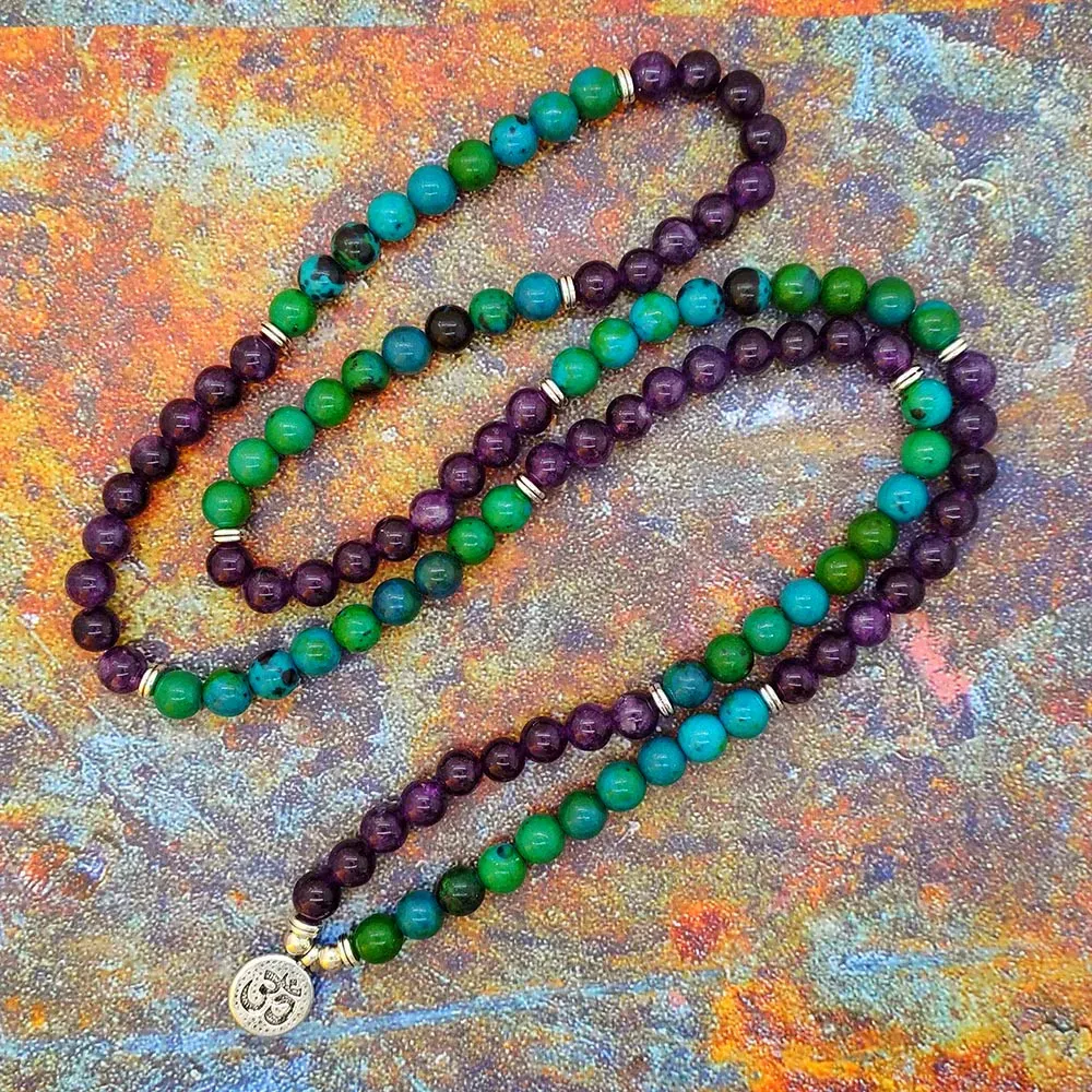 Beaded 6mm 108 Prayer Beads Mala Necklace or Bracelet Lotus Buddhist Charm Mala Jewelry Amethysts & Chrysocolla Beaded Bracelet Women B12