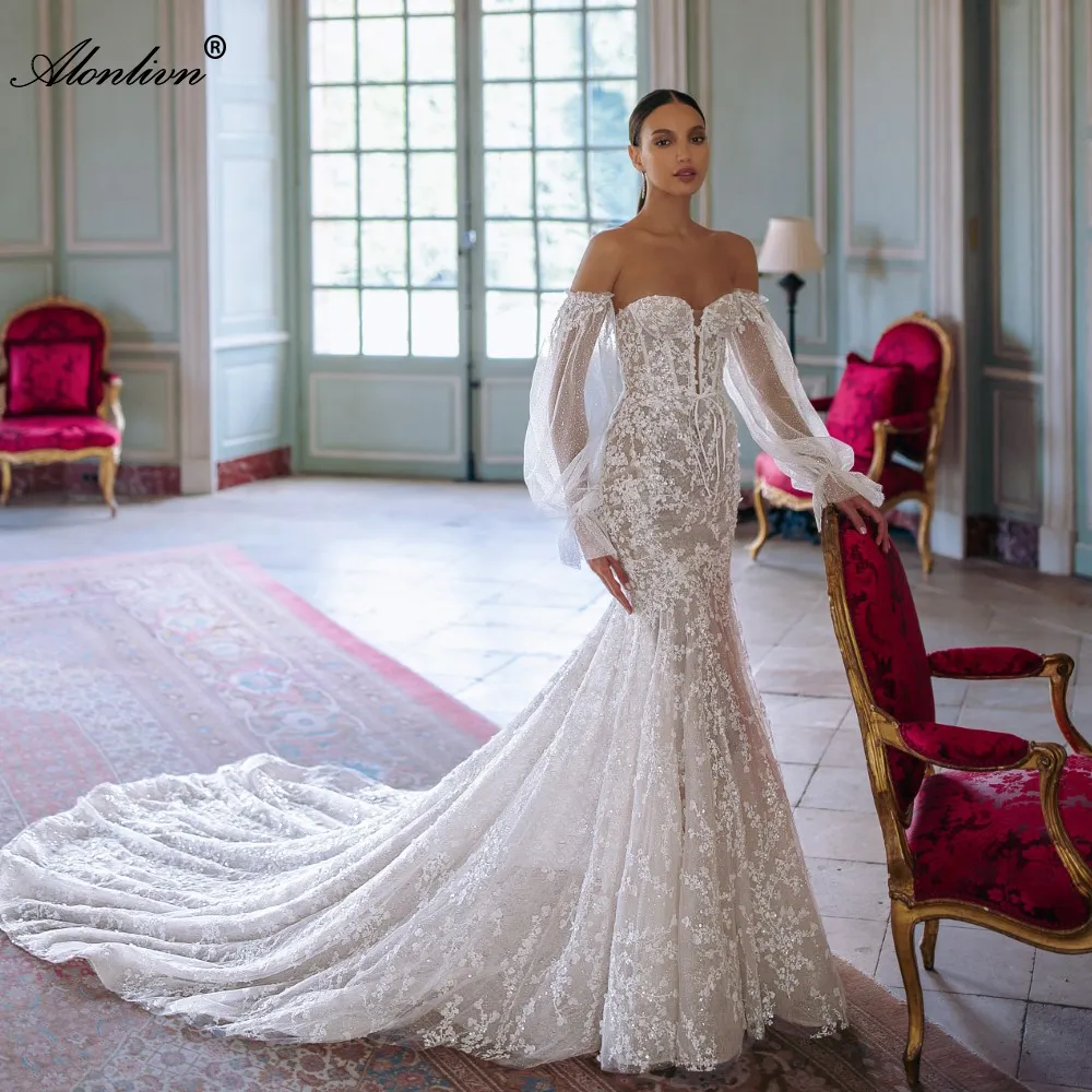 Exquisite Off-Shoulder Embroidered Lace Mermaid Wedding Dress with Puff  Sleeves and Floral Prints