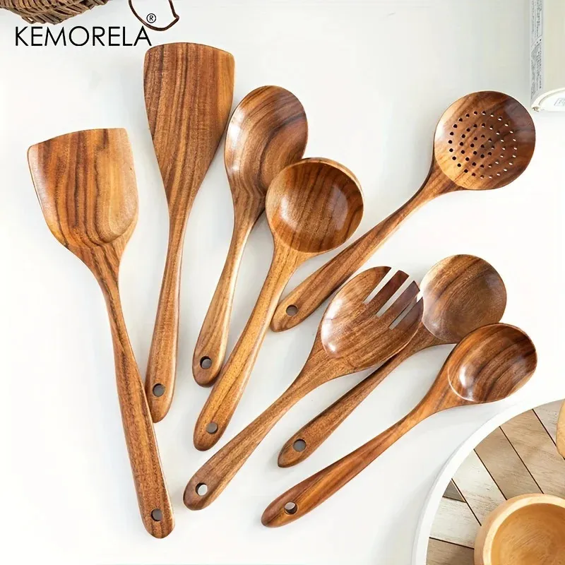 8pcs Ustensiles de cuisine en bois, y compris spatula Turner Ladle à fentes cuillères à cuillère à fentes de riz scoop skimmer 240418