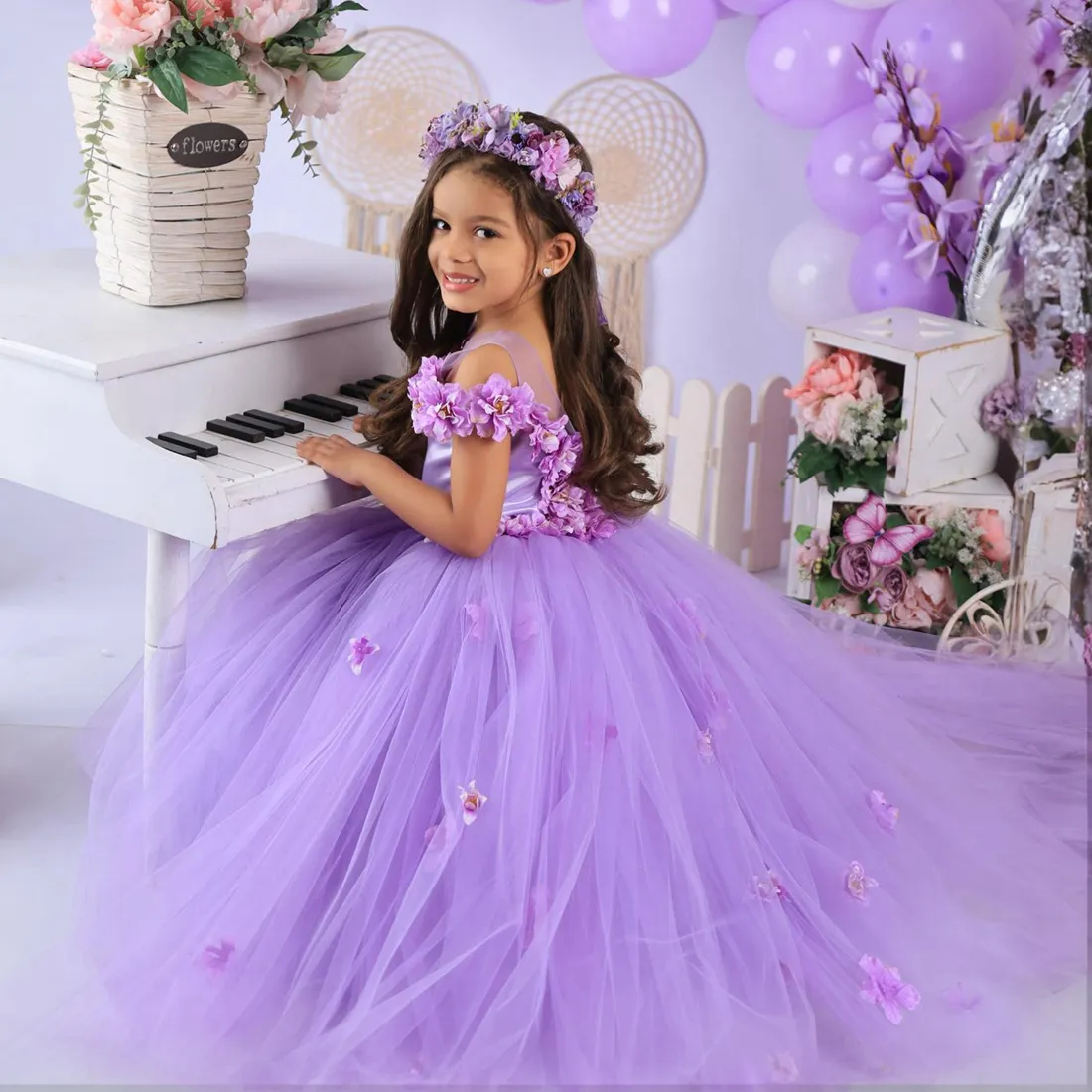Handmade Sheer Neck Purple Flower Girl Purple prom dress for Princess Queen Birthday Party - F125 (2024)