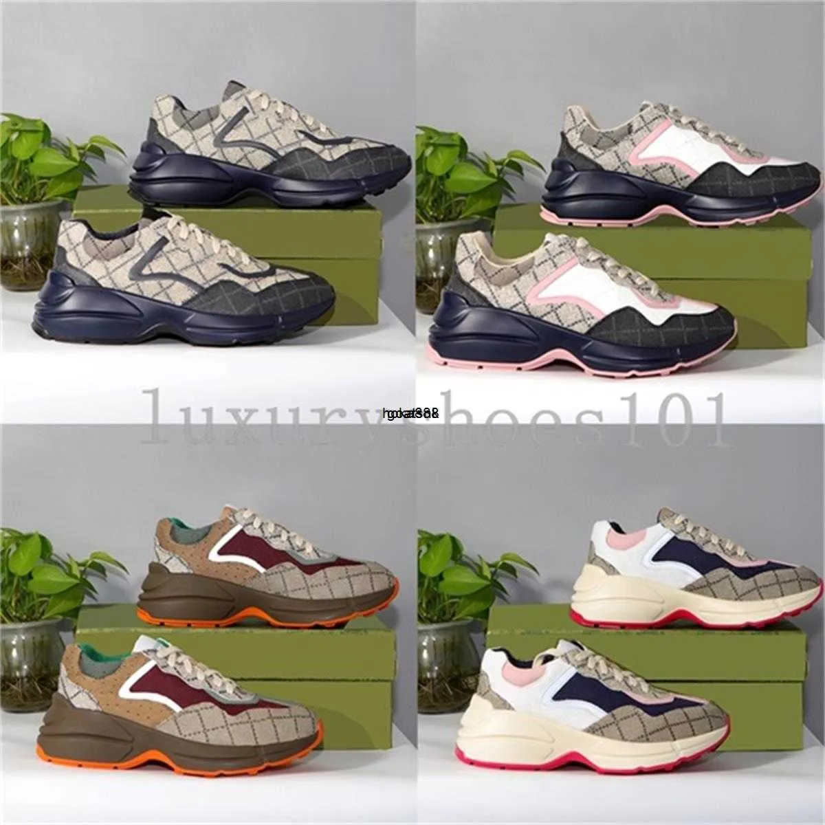 Brand Designer Casual Shoes Rhyton Multicolor Women Mens Sneakers Trainers Vintage Genuine Leather Chaussures Shoe Increase Platform Leisure Sneaker Box 35-46
