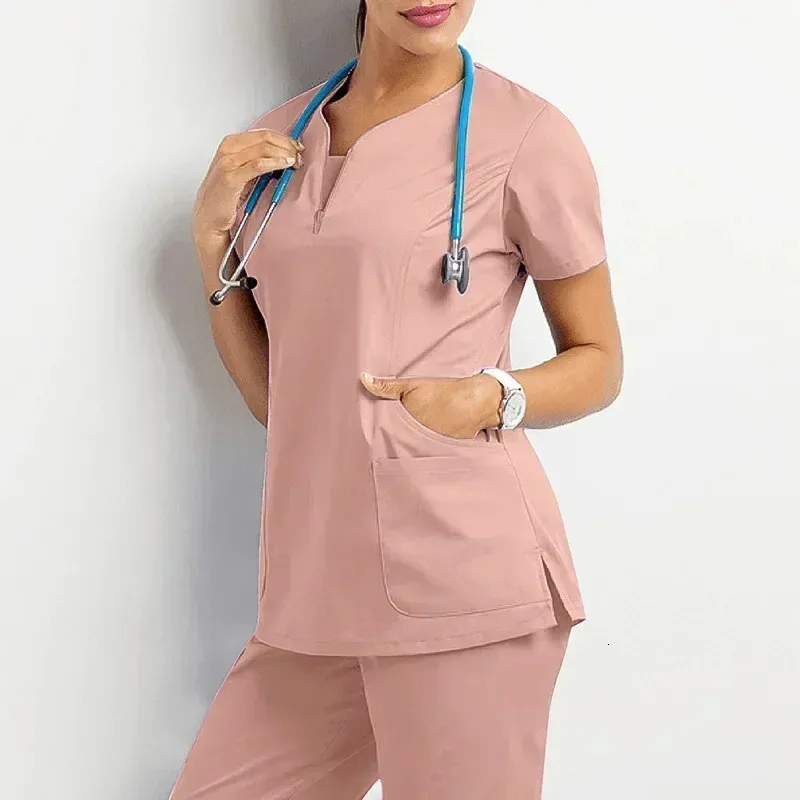 Pielęgniarka Women Casual z krótkim rękawem odzież Top Pharmacy Hospital Doktor Pielęgniarstwo Mundur V-dół Jogger 240418