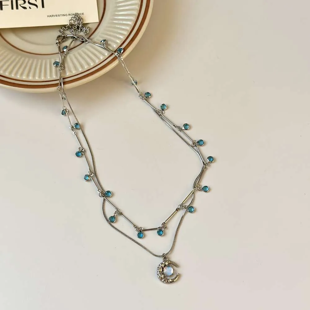 Moon Lady Blue Double Layered for Female Minority Sweet Temperament Versatile Collar Chain Necklace