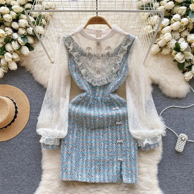Vintage Fragrant Lace casual dress for Women - Boutique Style with Heavy Diamond-Studded Details and High Waist