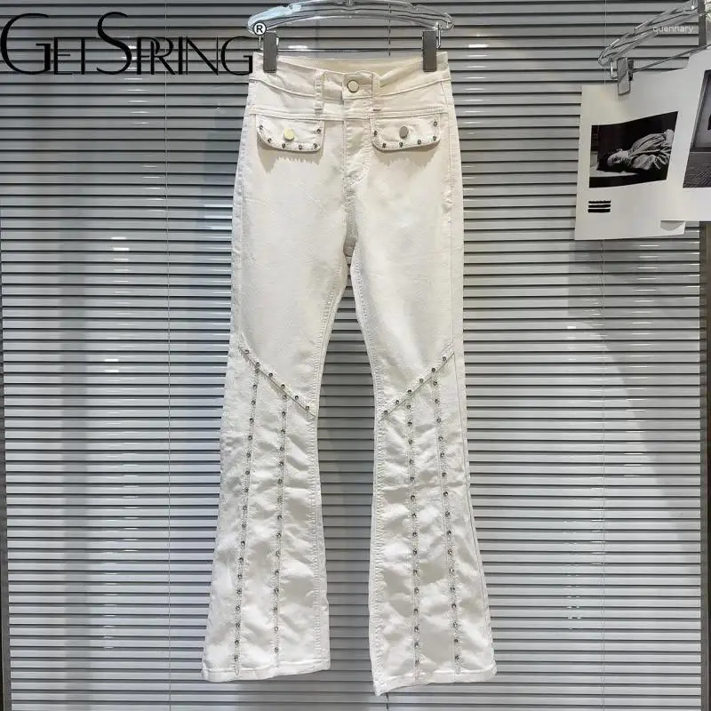 Jeans pour femmes femmes 2024 Spring d'été Rhingestone Perle Design Flare High Fashion Long Blanc Denim Pantalon Pantalon
