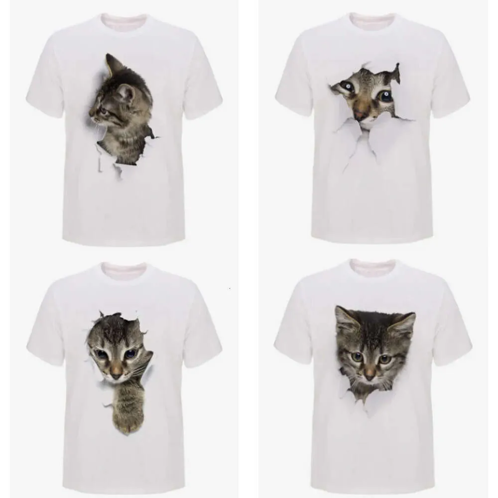 男性用の3D猫のプリント女性と子供のためのかわいい家族の半袖Tシャツ夏のカジュアルトップ