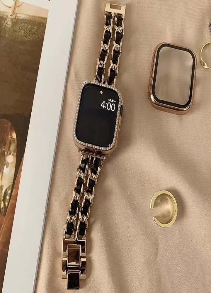 Women Gold Goldband Apple Watch Band 7 6 SE 41mm 45mm 3842mm Lady Bracciale in pelle di gioielli di lusso in metallo per iwatch 7 Strap6692026