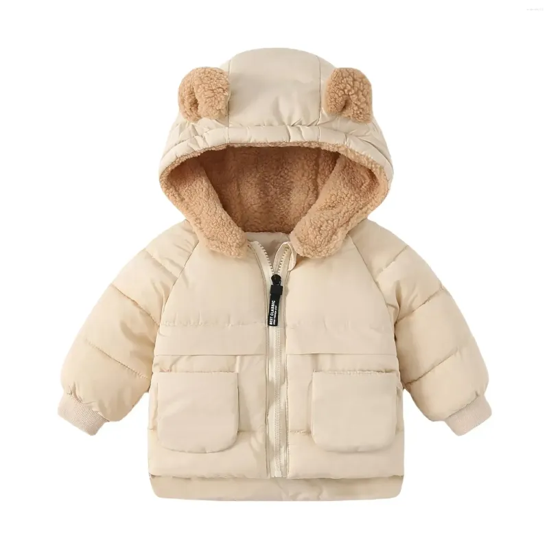 Jaquetas 2024 garotas meninas coreanas outono de inverno Down Jacket remendo lã de ouvido quente parka puckets grossos com zíper para crianças casaco