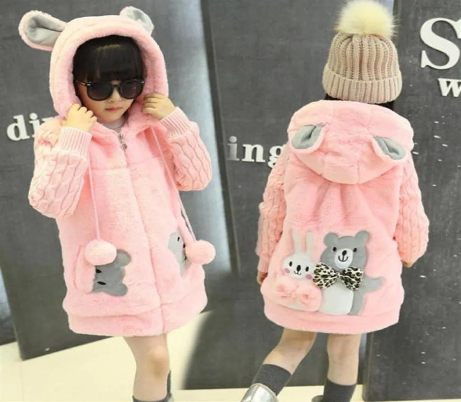 2020 Rabbit Girl Coat Furt Hood Wełna Kurtka Zamek Pink Winter Jesien