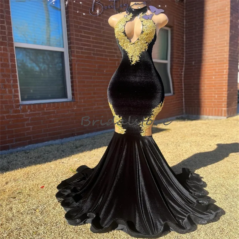 Vestidos de baile de veludo preto com renda dourada de renda da frente de sereia elegante vestido de noite 2024 comprimento do piso Plus Tamanho Black Girls Dress Dance Dary Birthday Party Distra