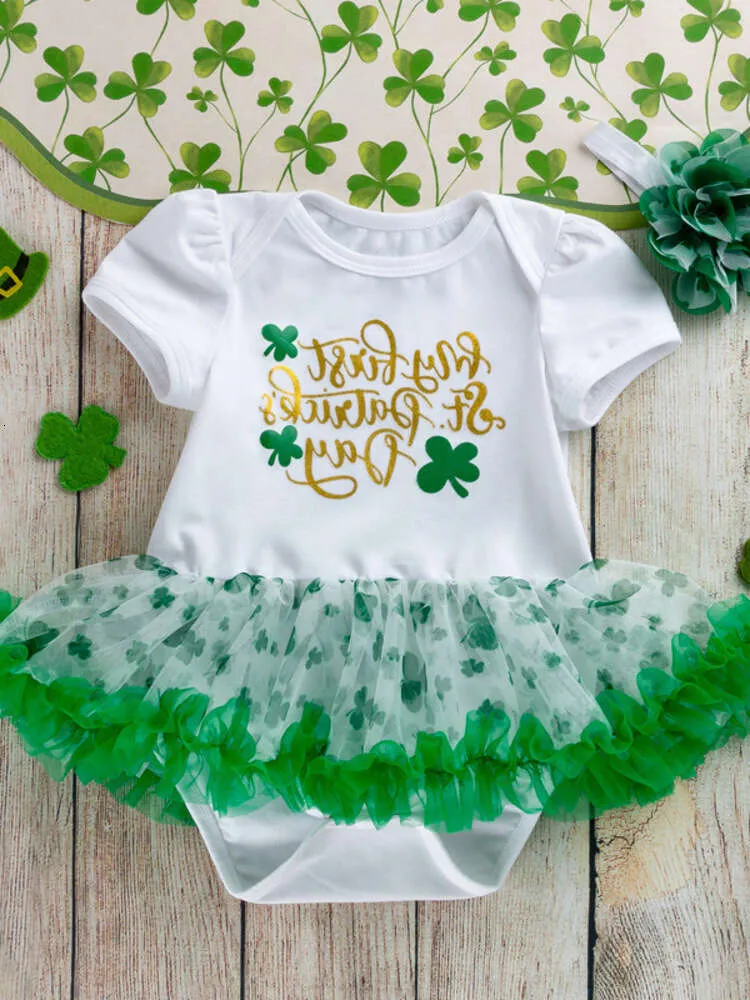 2024 새로운 2024 Saint Patrick Baby Romper Girl Baby Green Letter Jumpuit Headdress Set Fashion