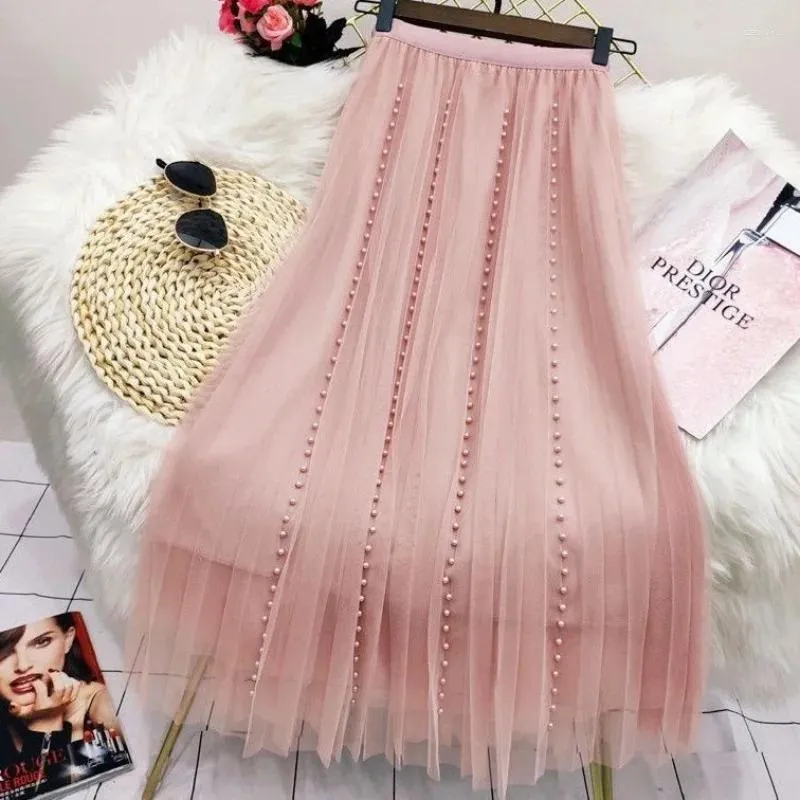 Skirts Fashion Solid Color Embroidered Flares Decoration Gauze Pleated Skirt Slim High Waisted All-match Lady Casual Z687