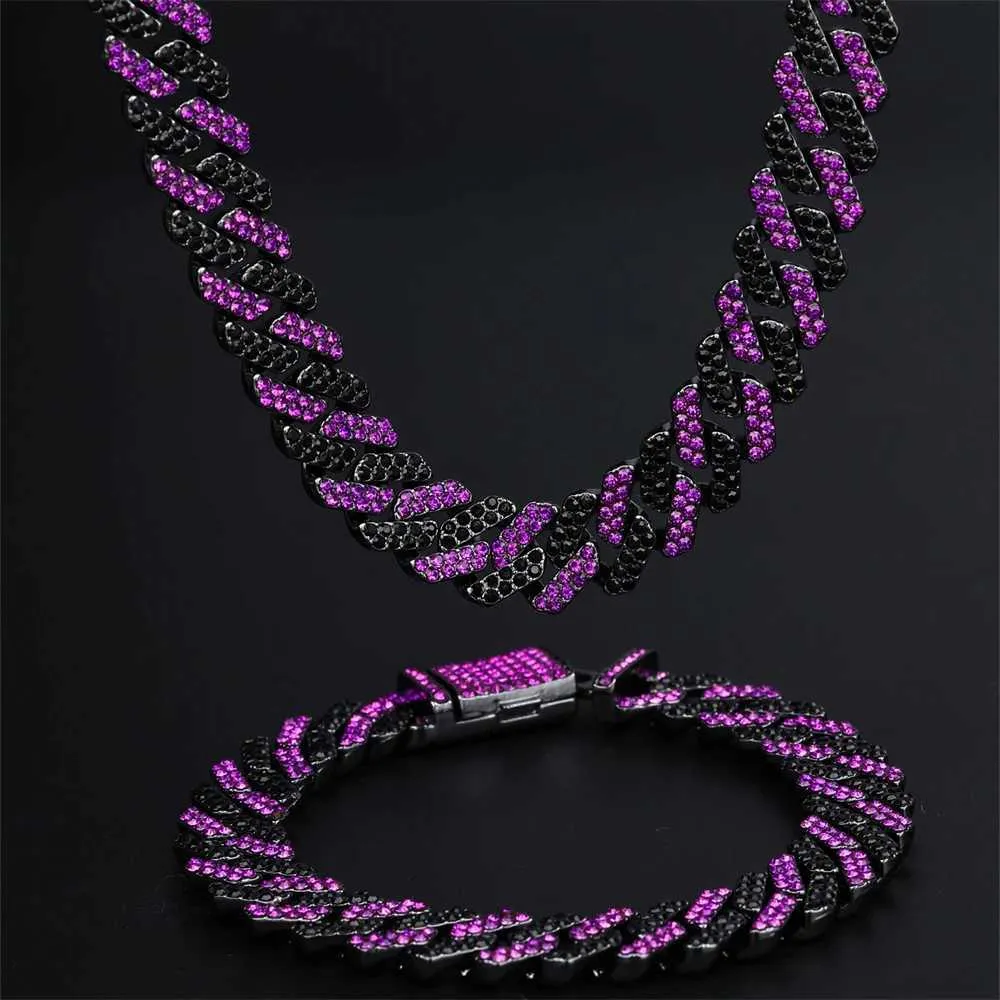 723A Łańcuch 12 mm Rhombus Prong Cuban Link Chain 2Row Purple Icestones Out Rhinestones Raper Naszyjka Bransoletka dla mężczyzn Kobiety Choker Jewelry D240419