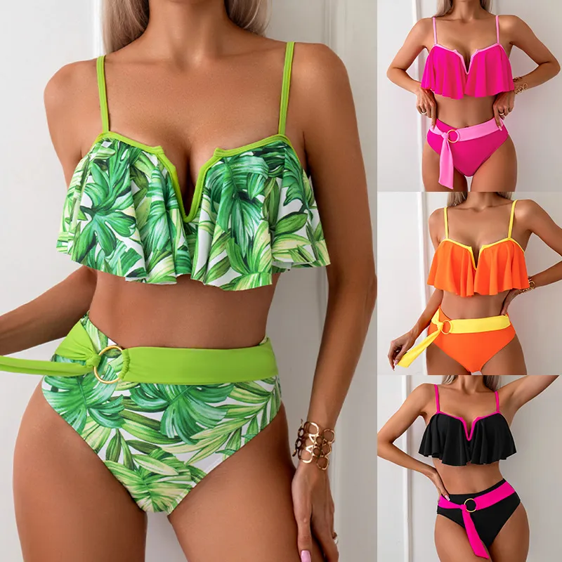 2024 o mais novo Biquíni Sexy Conjunto de Dopamina Fly Edge Nylon Bikini Terne Summer Summer Swimming Swimming Plant Print Swimsuits Resado de banho com almofadas de peito