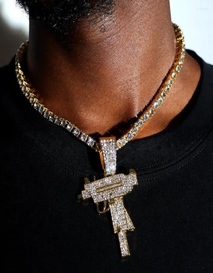 Ketten Mode glänzende Strassonstone Uzi Submachine Pendellanhänger Halskette für Männer Frauen vereisert gepflasterte Kristalltenniskette Schmuck1800081
