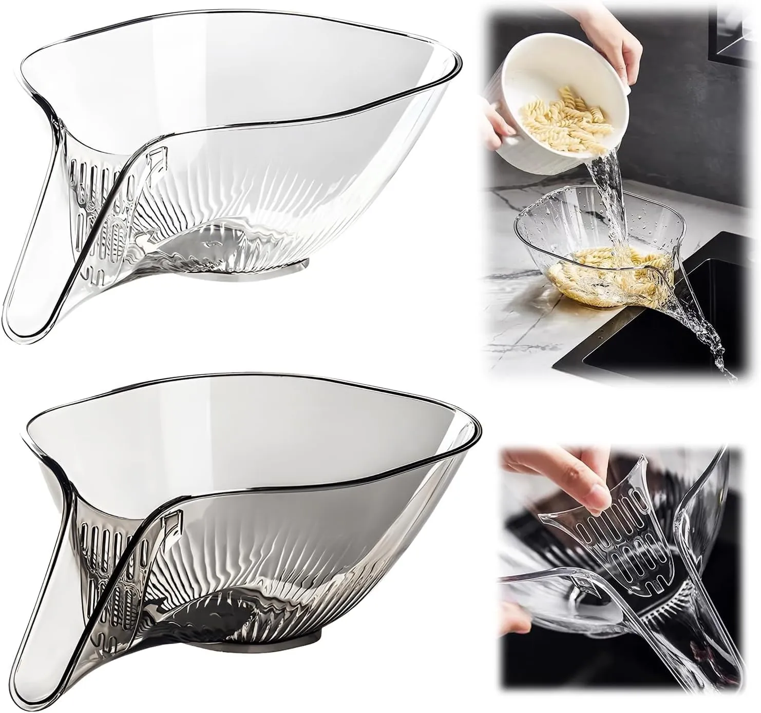 Multi-functional Drain Basket - New Fruit cleaner container with filter, Kitchen sink collection Drain fruit rinser Vegetable cleaner filter (2 pieces, clear + grey)