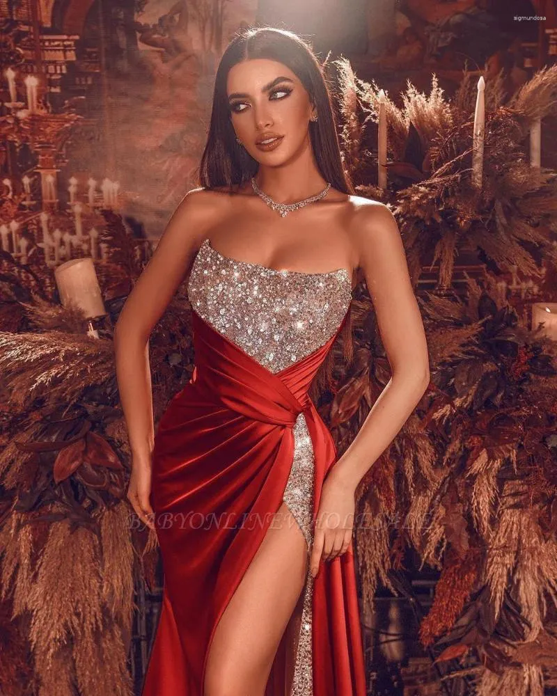 Party Dresses Red Glitter Sequined Mermaid Evening Long High Split Dubai Sleeveless Floor Length Formal Gowns Vestido De Fiesta