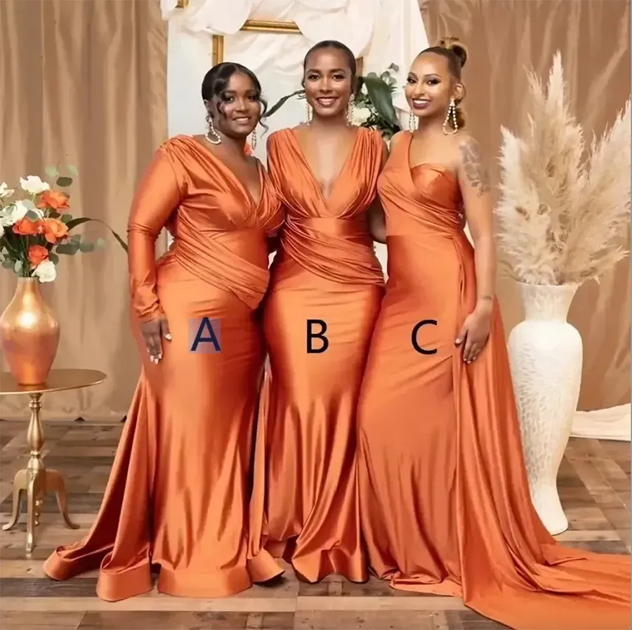 African Plus Size Burnt Orange Mermaid Bridesmaid Dresses Nigeria Girls Summer Wedding Guest Dress Sexy V neck Long Maid of Honor Gowns Puls Size