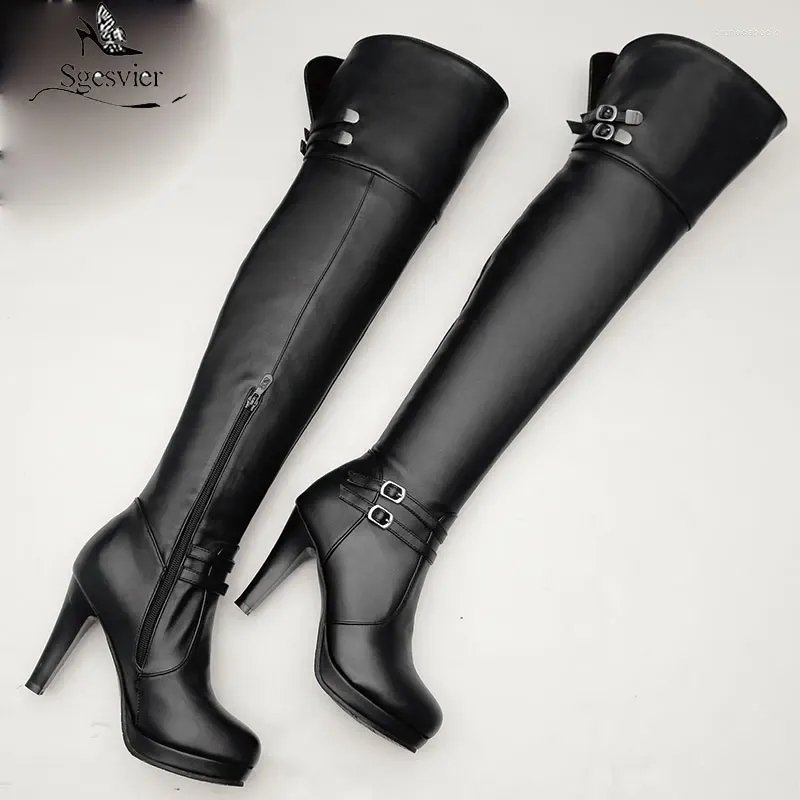 Сапоги Sgesvier 2024 Black High Heels на колене женская платформа бедра осень зимняя длинная обувь сексуальные белые