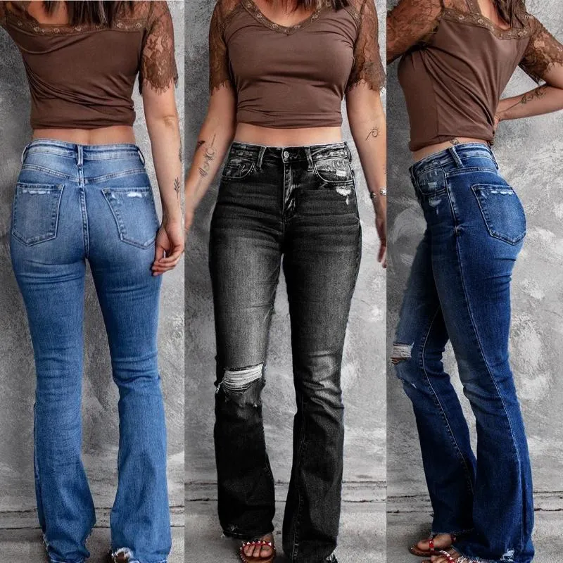 Jeans para mujeres Pantalones de bote para mujeres Lavados de la parrilla delgada Denim Palabra